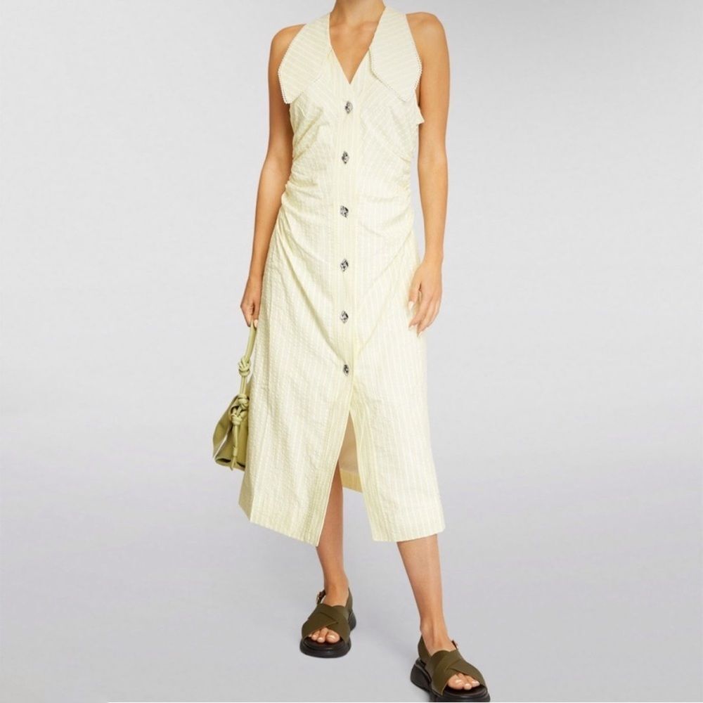 Ganni Seersucker Stripe Midi Dress Stripe Flan Size 14 Yellow - Picture 5 of 16